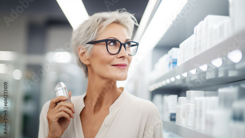 Happy middle-aged woman shopping for cosmetics