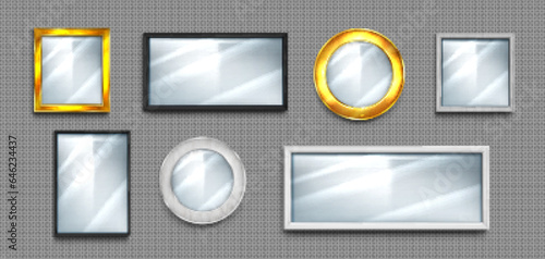 3d mirror glass round wall frame isolated vector. Realistic light reflect on clear glossy surface hang texture object. Rectangular and square silver plate framework for modern digital interior