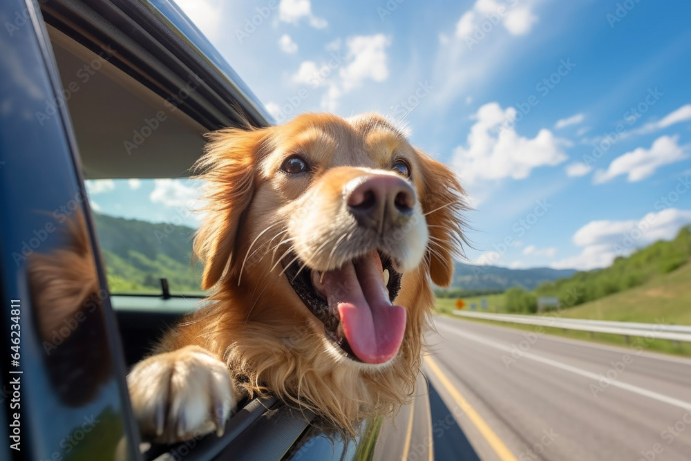 A dog peeks out from the window of a moving car with a happy expression on its face. Blue sky and clouds background. Holidays and vacation travel concept.