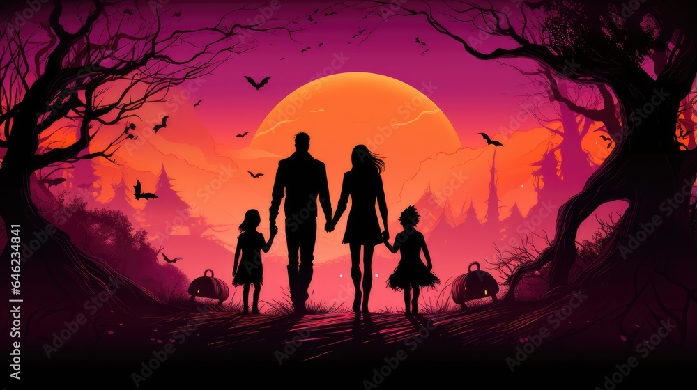 spooky fun with halloween family. dark night halloween silhouette background