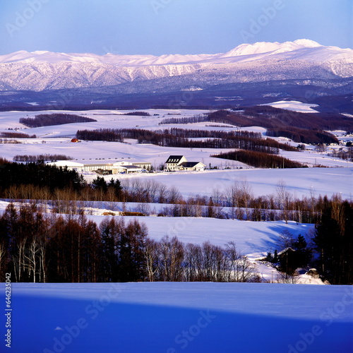 雪原の丘と白い家(上富良野町）