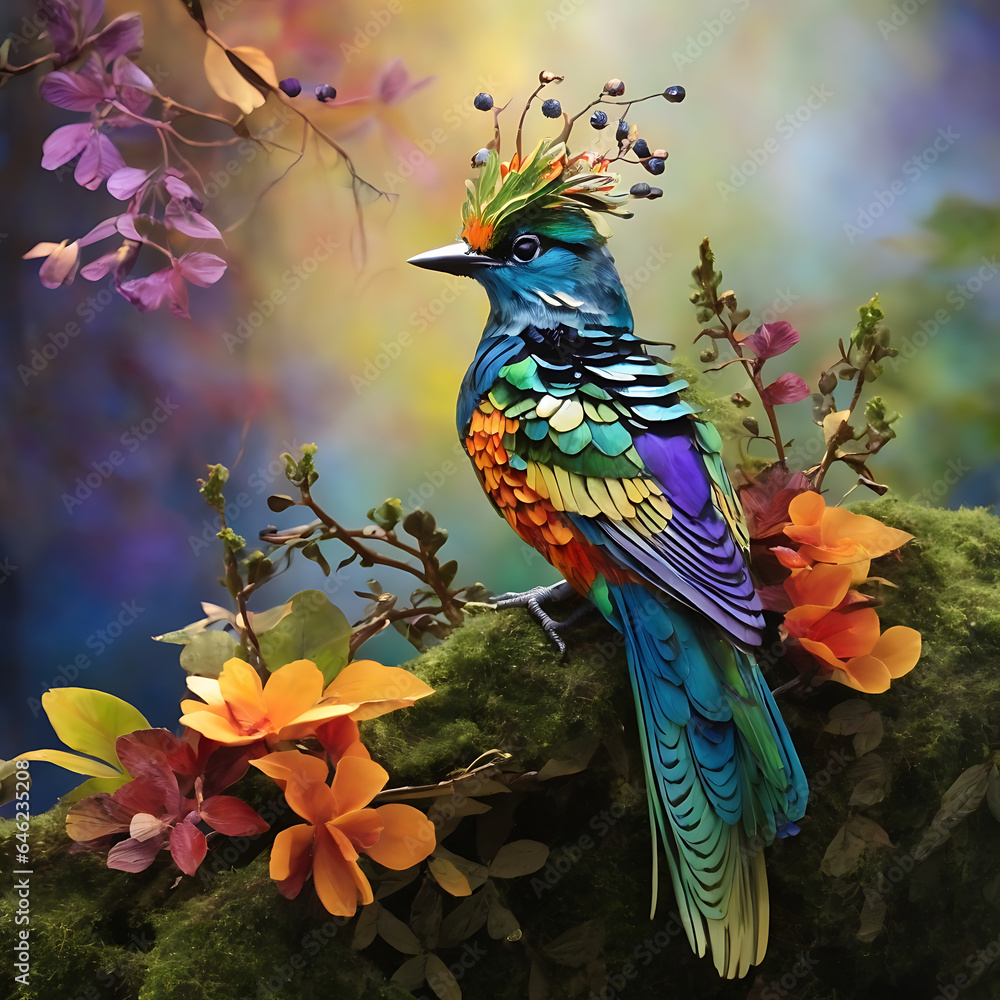 Obraz premium A colorful bird sits on a branch in the forest.ai generated