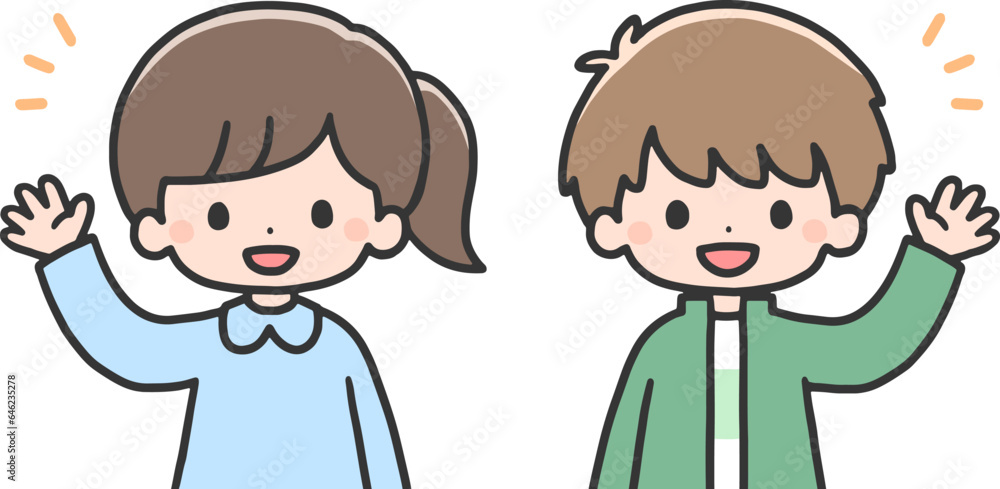 笑顔で手を挙げる子どもたち 笑顔で手を挙げる子どもたち
