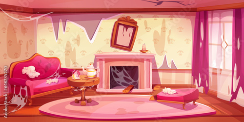 Abandoned victorian living room interior. Vector cartoon illustration of destroyed house with damaged couch and footstool, cracked wooden table, dusty fireplace, torn curtains, spider web on walls