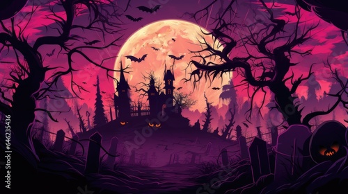 halloween castle under the moonlight. dark night forest full moon. silhouette halloween abstract background
