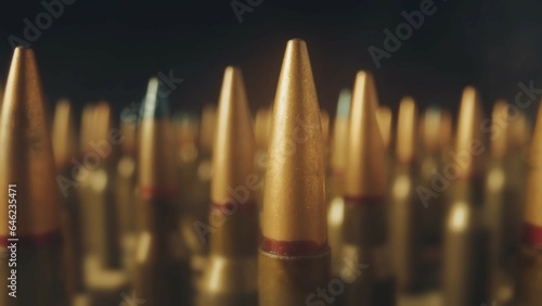 Endless rows cartridges for a rifle on a black background close up. Defocused background. The concept of firearms, shooting range, production and trade of ammunition.