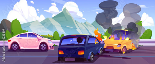 Car crash accident on mountain road traffic vector. Auto crush damage incident on highway comic concept. Automobile bumper hit and broken with fire and smoke. Transportation danger disaster graphic