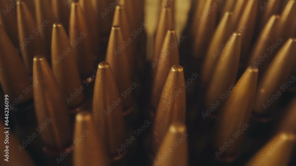 Rows of numerous rifle cartridges close up. The concept of firearms ...