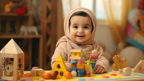 Cute Arabian baby playing educational colorful games at the table