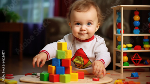 Cute baby playing educational colorful games at the table