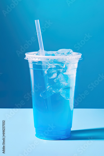 Blue drink in a plastic cup isolated on a blue background. Take away drinks concept