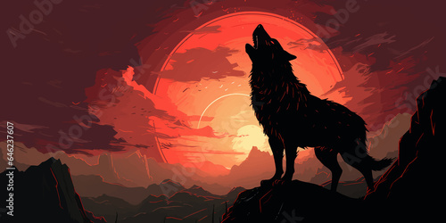 Wolf howling at the moon. Silhouette of Wolf in front of a full moon. Night. Forest. Wolf in the mountains at sunset. Werewolf. Silhouette of a black wolf on a red. Blood moon. Vector illustration © Zakhariya