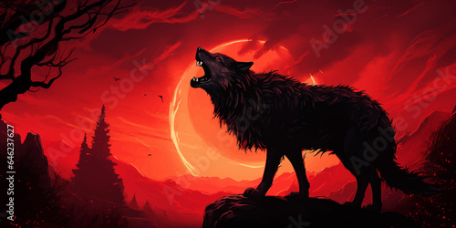 Wolf howling at the moon. Silhouette of Wolf in front of a full moon. Night. Forest. Wolf in the mountains at sunset. Werewolf. Silhouette of a black wolf on a red. Blood moon. Vector illustration © Zakhariya