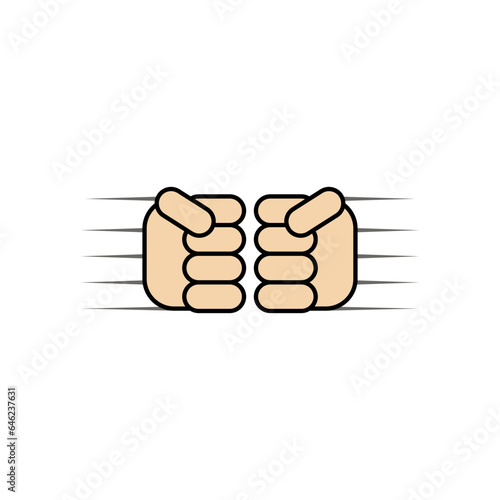 Two clenched fists bumping together in a dispute. Aggressive dangerous conflict and fight. Quarrel and fighting. Simple minimal colored vector on blank white clean background.
