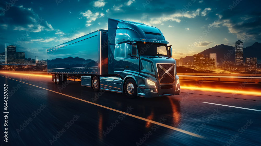 Truck with container driving on highway road , commercial cargo transportation concept