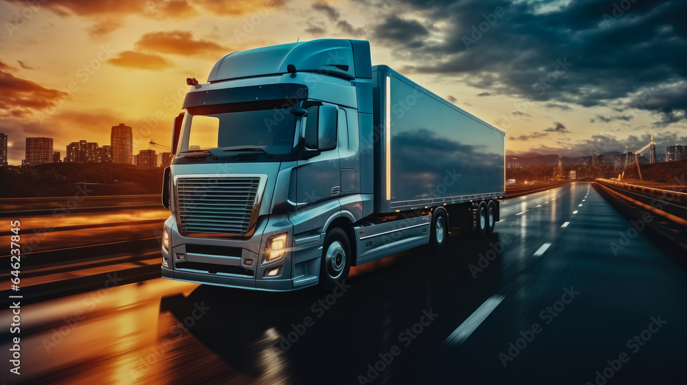 Truck with container driving on highway road , commercial cargo transportation concept