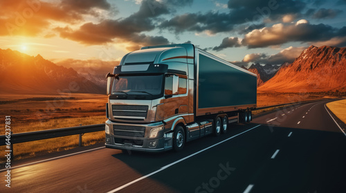 Truck with container driving on highway road , commercial cargo transportation concept © Atchariya63