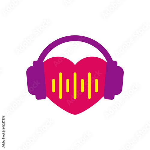 A heart with a pulsating rhythm listens to music in headphones.