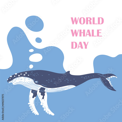Vector illustration of Humpback whale, cute marine mammal in cartoon character, design for World whale day concept on against the backdrop of ocean water