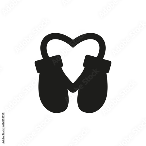 Winter mittens connected with a rope in the shape of a heart. Vector and silhouette.