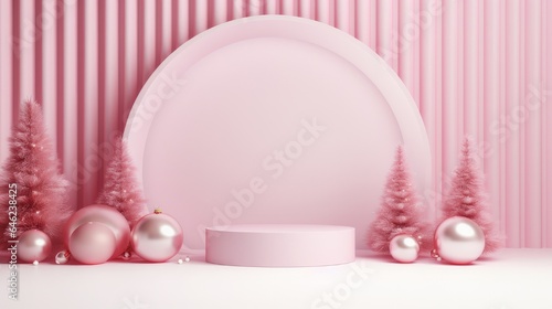 Background products minimal podium scene with Christmas decoration in Barbie style.