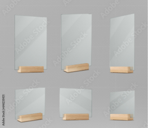 Menu and card stand mockup with wooden base and acrylic display. Rectangular transparent plexiglass table holder. Realistic vector illustration set of plastic desktop office talker template.