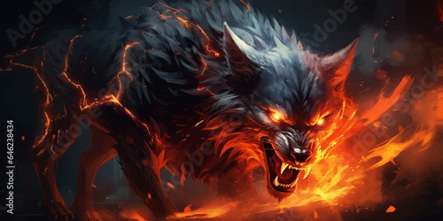 Angry Wolf howling in fire with flames and flames. Roaring wolf. Wolf with fire on a black. Wolf head. Wild animal. Dangerous animal. Anger. Rage. Colorful fiery background. Red glowing eyes. Vector