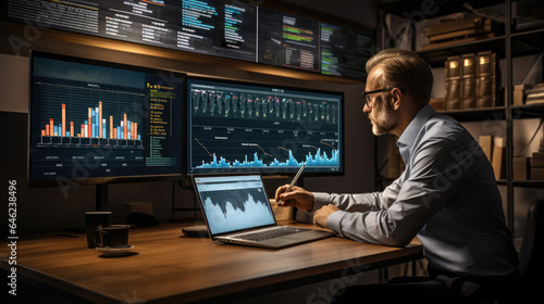 An analyst uses a computer and dashboard for data business analysis and Data Management System with KPI and metrics connected to the database for technology finance, operations, sales, Generative