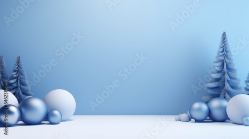 Background products minimal podium scene with Christmas decoration in blue color in cute style.