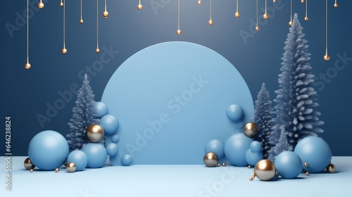 Background products minimal podium scene with Christmas decoration in blue color in cute style.