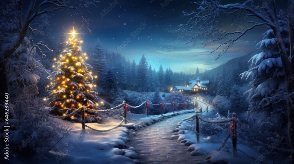 Fantasy winter landscape. Christmas background.