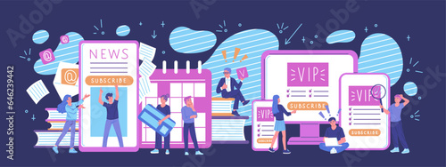 Online subscription business model, flat vector illustration isolated on dark background.