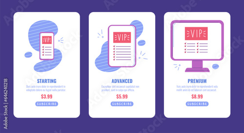 Set of vector banners with illustrations of subscribe vip plan, starting, advanced, premium with a price. Huge tablet, smartphone, computer on abstract background