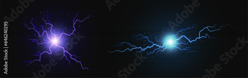 Realistic electric ball with lightning - circle bolt explosion effect. Blue and purple energy flash or thunder storm light. Vector illustration set of electricity power plasma with flare and flame.