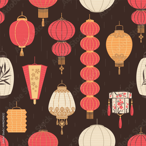 Vector seamless pattern of Japanese or Chinese various lanterns  design for nationa Japan  China  Asia culture on dark background