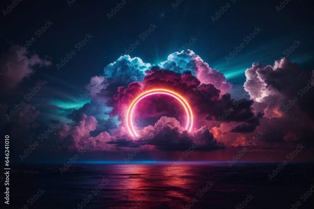 Abstract cloud illuminated with neon light ring on dark night sky. Glowing geometric shape, round frame - obrazy, fototapety, plakaty 