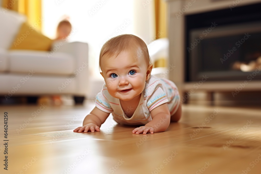 Adorable and delicate 6-month-old baby crawls curiously on the floor of his house. Adorable and delicate 6-month-old baby crawls curiously on the floor of his house.