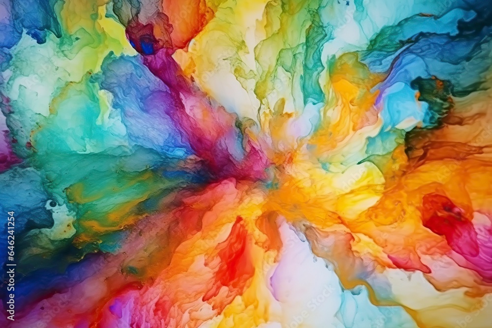 A vivid burst of colors radiates from the center, creating a dynamic and chromatic explosion.
