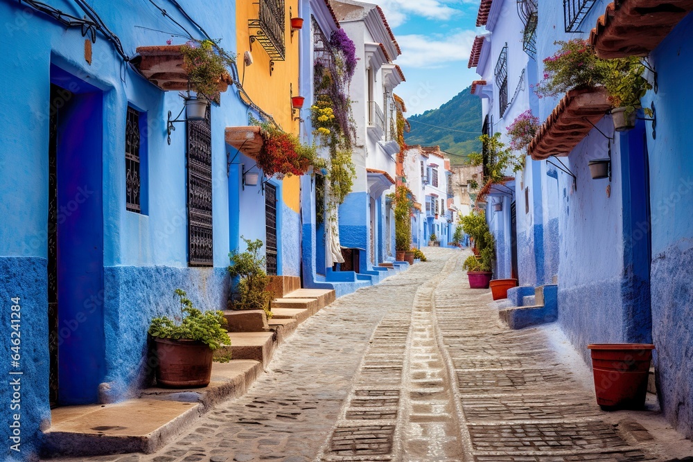 Beautiful houses painted in blue in a Moroccan village, a beautiful place to rest and take a walk. - obrazy, fototapety, plakaty 