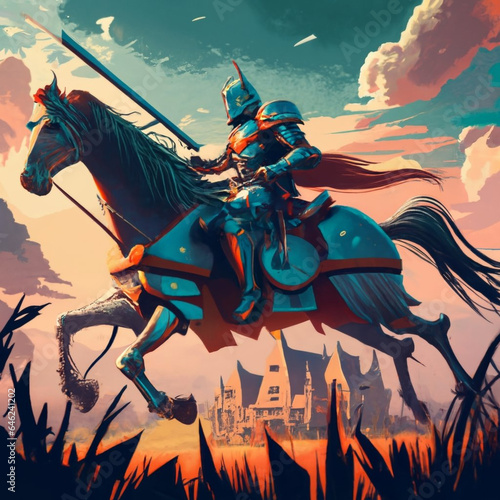Abstract knight riding his horse in a majestic scene , drawing