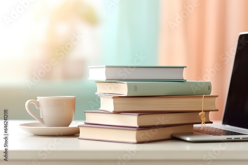 Stack of closed books, coffee and laptop on a work table. © Joaquin Corbalan