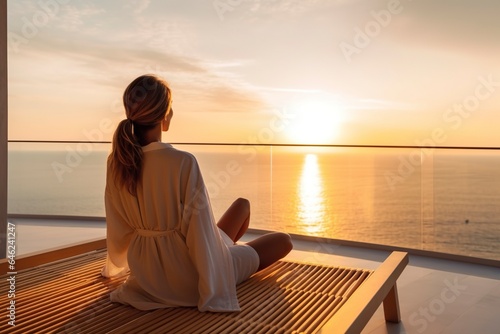 A slim young woman, on her back, relaxes in an infinity pool overlooking the sea, watching the sunset. Luxury concept.