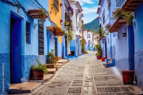 Beautiful houses painted in blue in a Moroccan village, a beautiful place to rest and take a walk. © Joaquin Corbalan