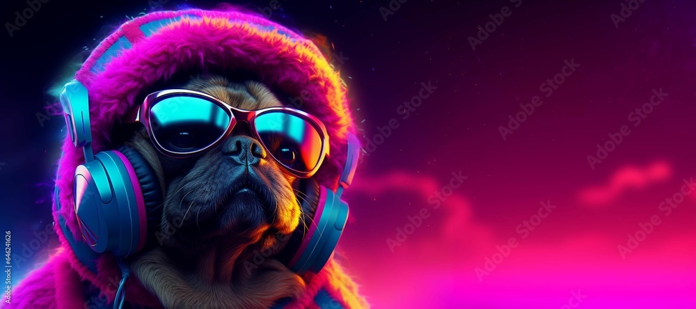 Pug dog wearing sunglasses, headphones and a beanie. Animal theme background