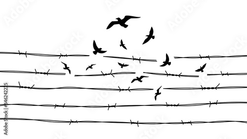 Birds flying through barbed wire concept illustration transparent background. Concept of freedom. 