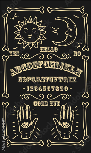 Ouija Board Illustration. Black and white symbols of moon, sun, texts and alphabet. Gothic typography. Ghosts and demons calling game.