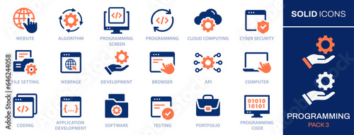 Programming icon set. Collection of program, application, computer, service, code, develop and more. Vector illustration. Easily changes to any color.