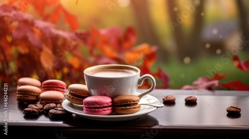 A cup of coffee with macaroons and autumn leaves with a view of the autumn forest.