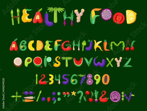 Cartoon fruit and vegetable font, healthy type or farm crop alphabet of summer food, vector typeface. Fruits and vegetables ABC, kid typeset font or typography text with asparagus, orange and avocado