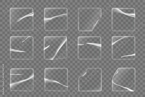 Transparent square plastic stickers, adhesive patches 3d mockups. Vector realistic stickers, clear pvc film labels or patches isolated set with round corners, folds, wrinkles and crumples